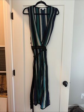 Diane Von Furstenberg Teal, Navy & White Striped Sleeveless wrap dress